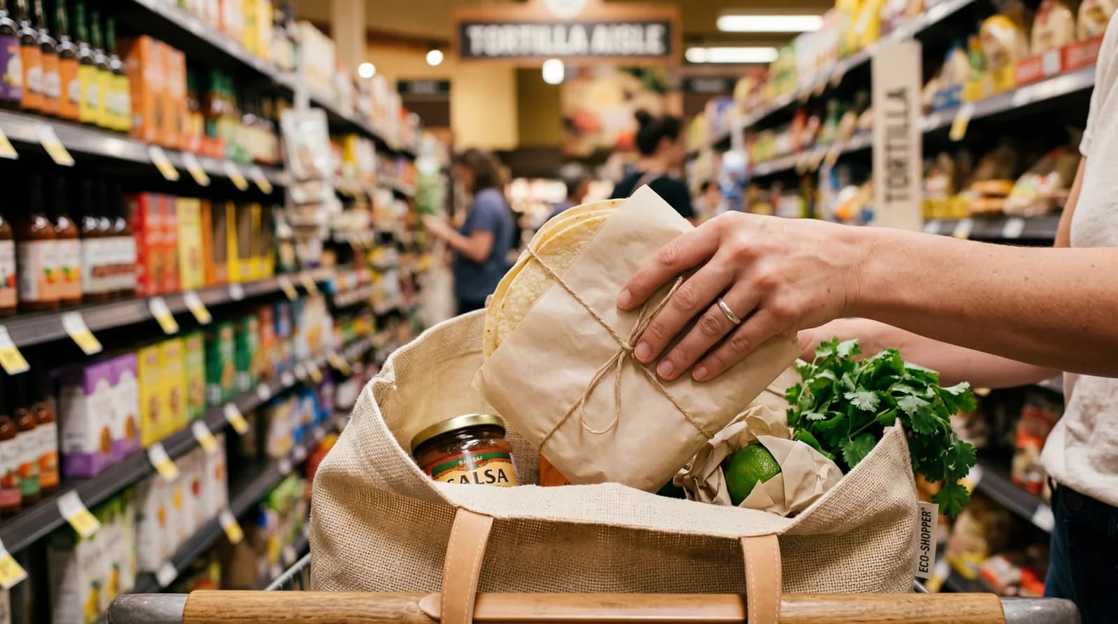 Mano colocando tortillas en una bolsa de tela reutilizable
