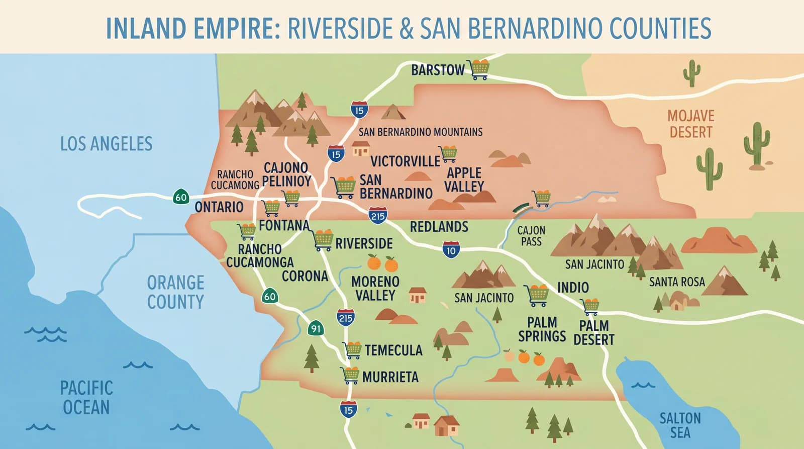 Stylized map of the Inland Empire with markers at Riverside and San Bernardino