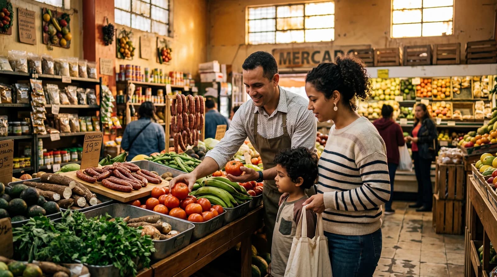 Una familia seleccionando productos frescos en una tienda de comestibles del vecindario